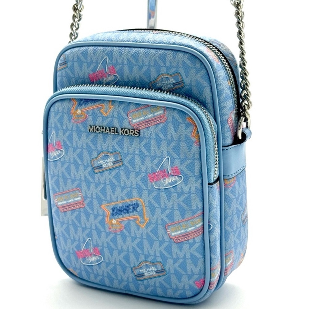 Michael Kors Jet Set Medium Printed Signature Logo Crossbody Bag Light Sky Blue